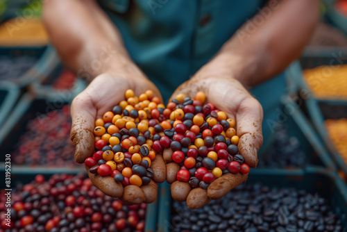 arafed hands holding a handful of coffee beans in front of a tray of berries