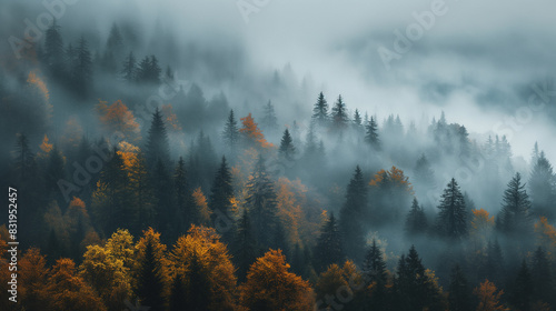 trees in the fog are shown in this image