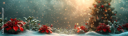 Beautiful Christmas scene with snow-covered poinsettias and a decorated tree under a glowing sky, perfect for holiday themes.
