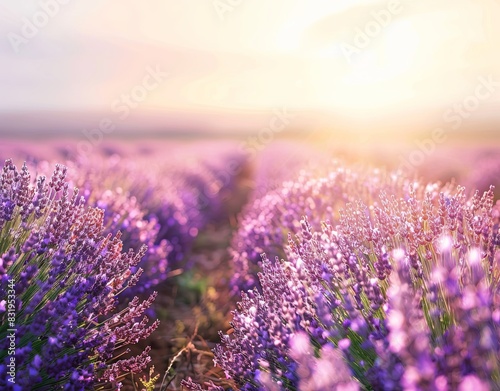 A calming, lavender field background with rows of blooming lavender and soft sunlight.