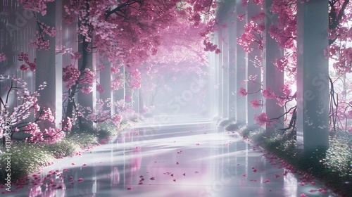 Dreamy Sakura Enclave: Amidst cinematic garden walls, a dreamy Sakura enclave offers respite from the world's hustle.