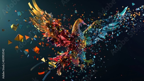 A stylized phoenix composed of shards of multicolored cryptocurrency logos exemplifying the diversity of the digital currency market.