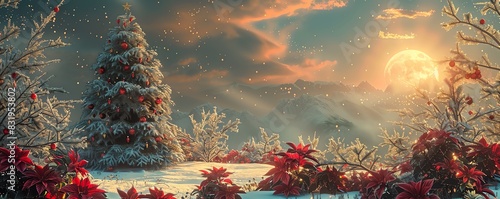 Beautiful winter landscape with snow-covered trees, red flowers, and a golden sunset, perfect for holiday themes and seasonal designs.