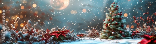 Magical winter landscape with decorated Christmas tree, red poinsettias, and swirling snowflakes under a full moon. Festive and enchanting scene.