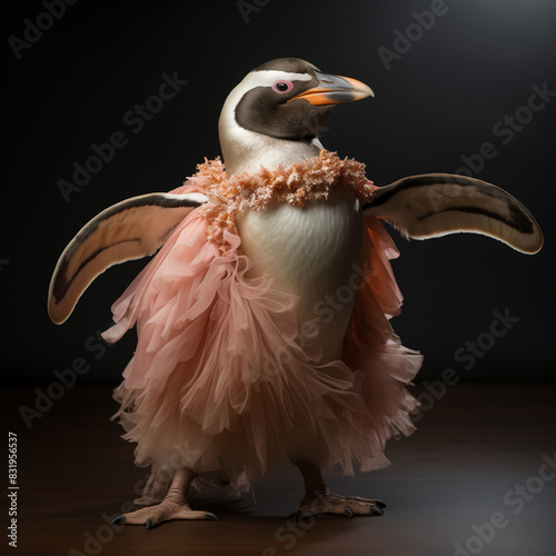 araffe penguin dressed in a pink tutu and a pink dress