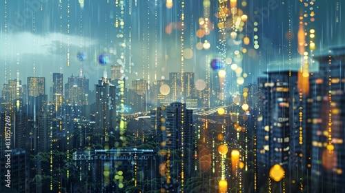 An urban landscape transformed by a downpour of digital coins representing the potential for financial liberation and innovation in developing economies.