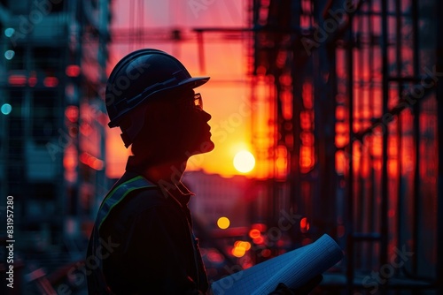 Against the vibrant colors of a setting sun, an engineer's silhouette is framed by the bustling activity of a construction site. The engineer, identifiable by the hard hat and blueprints, appears to