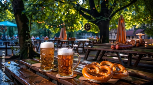A German beer garden with wooden tables, pretzels, sausages, and frothy beer steins under lush, shady trees.