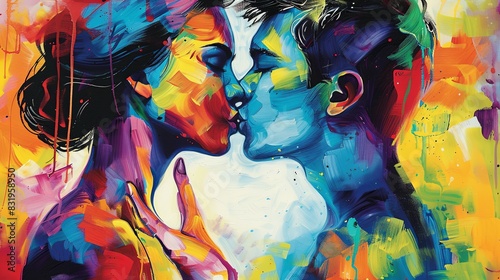 A colorful painting of a man and woman kissing