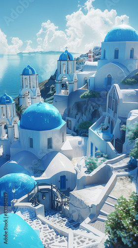 there are many blue domes on a white building near the water