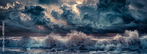 A dramatic scene of a stormy sky with dark clouds, lightning strikes, and turbulent waves crashing on the shore.