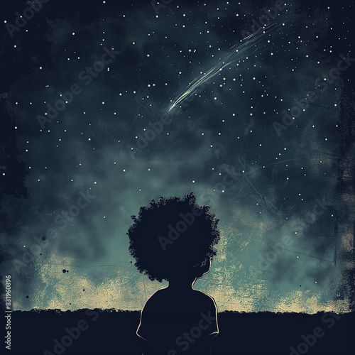 there is a black kid looking at the stars in the sky