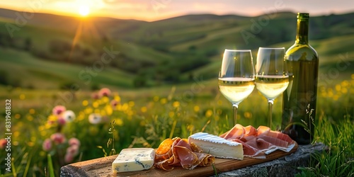 Beautiful served romantic picnic at summer sunset meadow. Green valley hills view. Provence. Still life. Bottle of white wine, two wine glasses, cheese, prosciutto. Rural countryside winemaking region