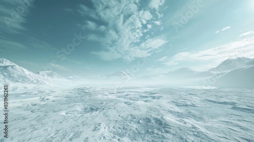 A desolate icy expanse reminiscent of the polar regions representing the threat of climate change exacerbated by the carbon footprint of blockchain operations.