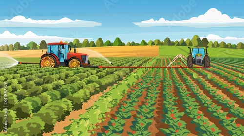 A farm using chemical fertilizers and pesticides on one side, and an organic farm with diverse crops on the other.