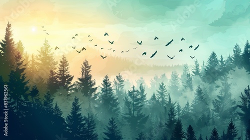 A forest with a lot of trees and birds flying in the sky