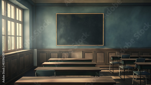 A vintage style classroom with a black chalkboard, wooden desks, and benches by the window with light streaming in