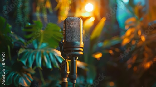 super nice looking black podcast studio, with 2 main lights, cocooning, with a plant, modern, 4k