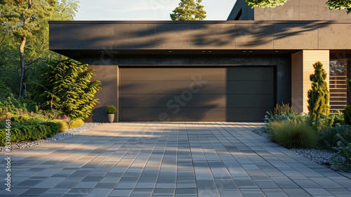 Modern and luxurious garage with a sleek driveway entrance