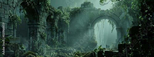 A mystical, ancient ruins background with overgrown vines and crumbling stones.