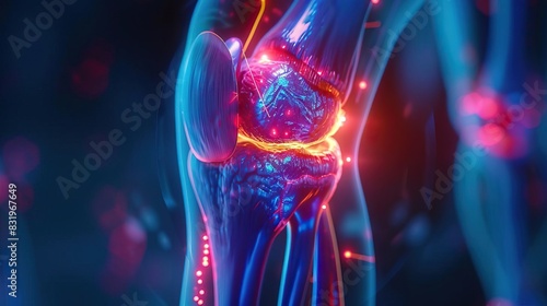 Closeup view of a human knee joint with a highlighted pain area