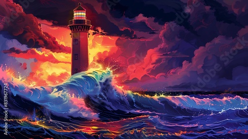 An empowering poster honoring LGBTQ+ Pride Month, featuring an uplifting illustration of a rainbow-colored lighthouse standing tall and strong amidst turbulent waves. The lighthouse represents hope