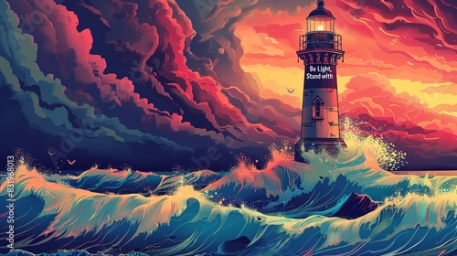An empowering poster honoring LGBTQ+ Pride Month, featuring an uplifting illustration of a rainbow-colored lighthouse standing tall and strong amidst turbulent waves. The lighthouse represents hope