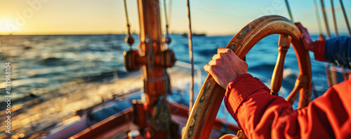 Captain with hands on the ship rudder steering the boat. With copy space and sea background.