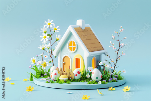 a small house with eggs and flowers