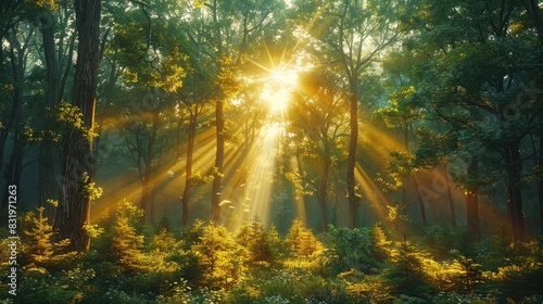 forest scene, tall tree, grass, sun behind the trees