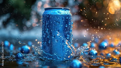 blank blue can with water splashing