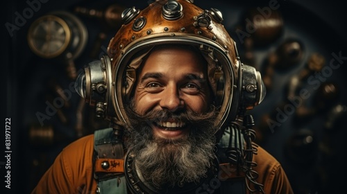 A spirited man sporting a vintage diving helmet smiles widely with a background full of gears and nautical elements