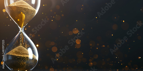 An hourglass with golden sand falling, on a black background with sparks