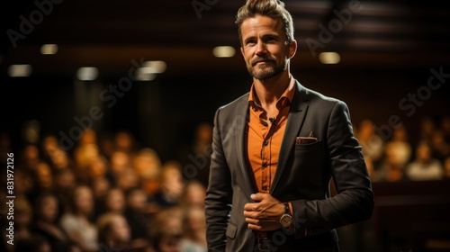 Well-dressed man presents confidently on stage to an attentive audience in a lecture hall setting