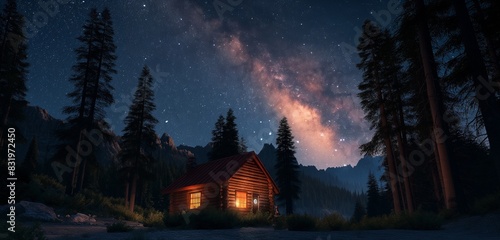 A solitary cabin nestled among towering pine trees, its warm glow inviting against the backdrop of a star-filled night sky, a sanctuary of peace and serenity in the wilderness. 