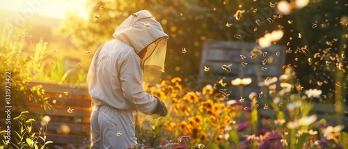 Beekeeper in protective suit working in a colorful flower garden at golden hour with bees flying around, capturing the essence of nature and hard work.