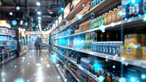 IoT-enabled retail store with smart shelves and inventory management systems automatically tracking product levels, optimizing restocking processes, and providing shoppers