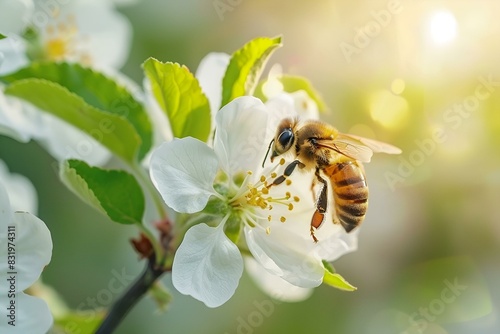 Pszczoła na białym kwiatku w słoneczny dzień
