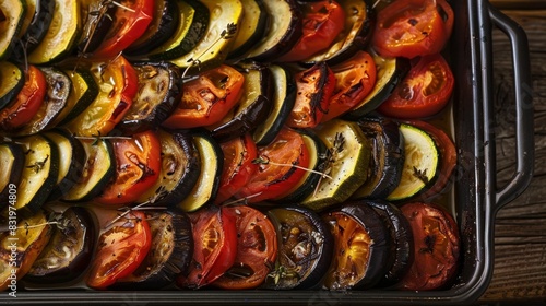 French ratatouille presented in a rustic baking dish, showcasing colorful slices of zucchini, tomato, eggplant, and bell pepper. A traditional Provencal vegetable stew bursting with Mediterranean.