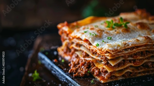 Italian lasagna with layers of pasta, ricotta, meat sauce, and melted mozzarella cheese. A classic Italian casserole dish, rich and flavorful.