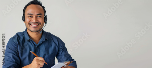 A man in a blue shirt with a headset is conversing on the phone and taking notes, isolated on a white background.