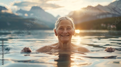 A smiling senior woman swims in a lake, with a nature background of mountains and sun rays.