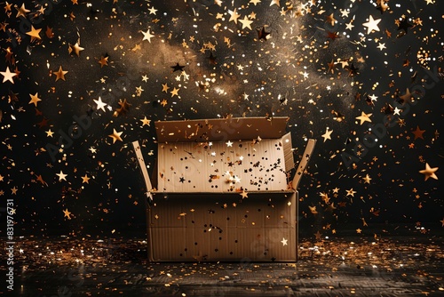 a detailed illustrated cardboard box with stars and confetti coming out of it on a plain black background