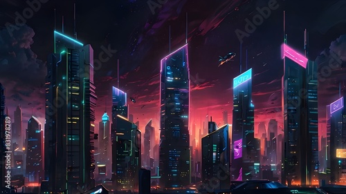 Neon lights, flying autos, and skyscrapers make up the futuristic fantasy world's spectacular evening skyline in cyberpunk city. 3D illustration in digital art. painting in acrylic. 