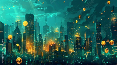 A stylized cityscape showered with a variety of digital coins showcasing the diverse opportunities and potential growth brought about by cryptocurrencies in developing countries.