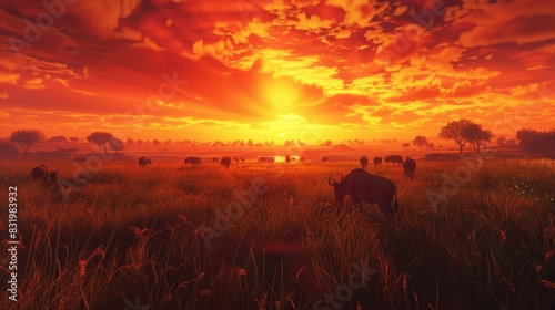 In the savannah herds of majestic animals roam freely as the sun sets in a blaze of orange and red. You can feel the vastness of the open plains and the warmth of the setting sun on