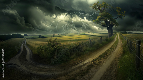 Storm approaching rural area with a dirt road and a tree, AI-generated.