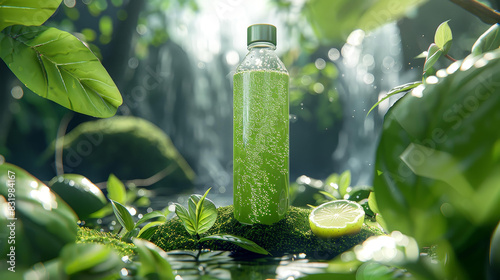 Vibrant illustration of an organic green tea bottle, perfect for health drink marketing with its refreshing taste and natural ingredients.