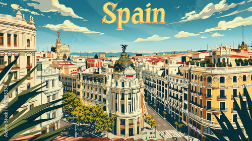 Spain architecture, cityscape, in the style of graphic design-inspired illustrations, travel poster