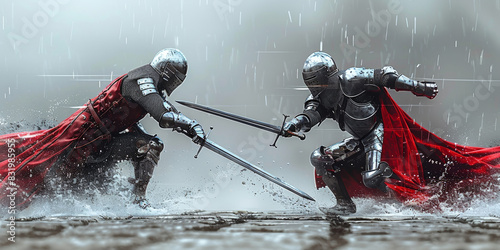 In a medieval tournament, knights fight with swords and shields, embodying historical chivalry and courage.